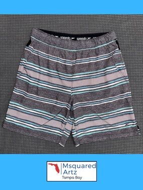 Speedo Swim Shorts Mens Small Gray Teal Striped Compression Lined Trunks